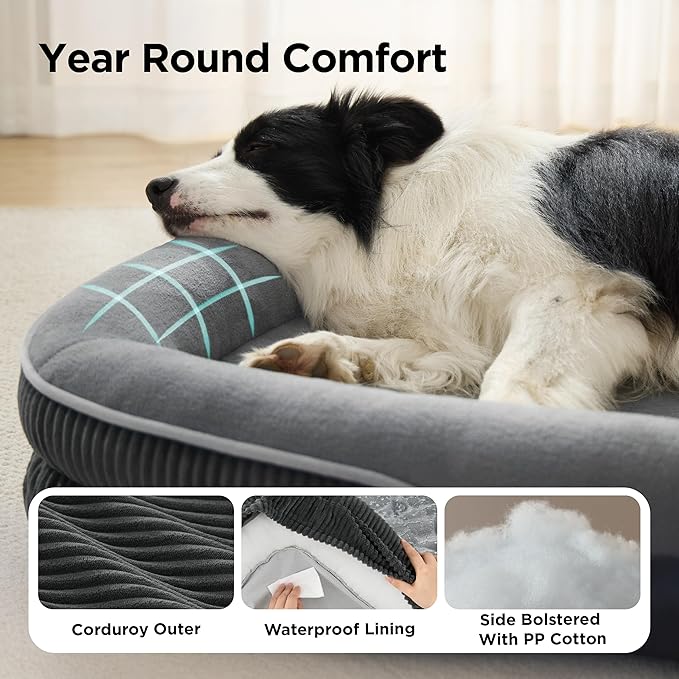 Bedsure L Plus Orthopedic Dog Beds Large Sized Dog - 360° Oval Bolster Large Dogs Bed for Senior Dogs with Waterproof Washable Cover, Big Comfort Pet Sofa Couch with Ultra-Soft Fleece, Grey, 38"