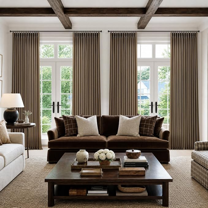 Extra Long 108 Inch Pinch Pleated Living Room Curtains 4 Panels Set, Chocolate