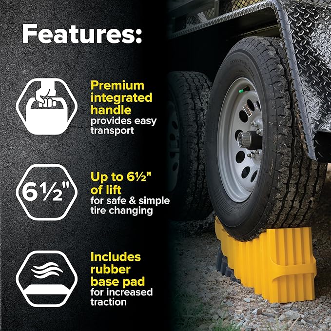 Camco Camper/RV Curved Trailer Aid - Features 6.5" of Lift & Includes Wheel Chock and Rubber Base Pad - Designed for Trailers Up to 20,000lbs & Compatible w/ Tires Up to 32" (44436)