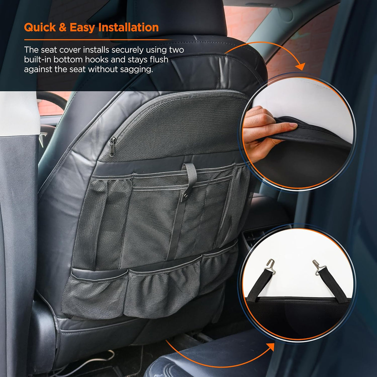Back Seat organizer for Tesla Model 3 / Model Y (Premium Vegan Leather) Custom fit Car Seat Back Protector with Storage Pockets (Black)
