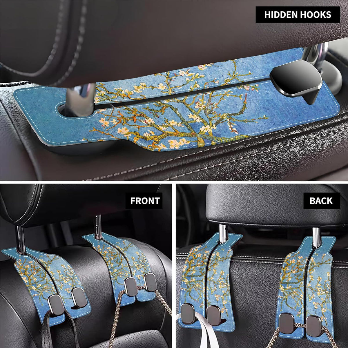 1 Pack Car Seat Headrest Hooks for Purses Abstract Blossoming Almond Tree Bag Purse Holder for Car with Double Metal Hooks Car Purse Hanger Hanging Accessories