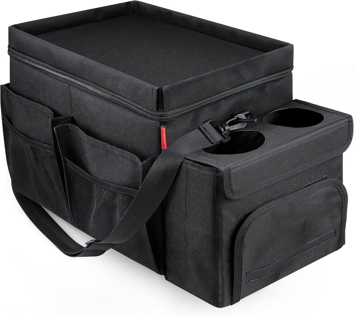 Car Organizer & Cooler – Durable Oxford Fabric Exterior & Waterproof Liner, Portable Car Storage & Insulated Cooler Box with Dividers, Cup Holders & Tissue Pocket – Black [2025 Upgraded]
