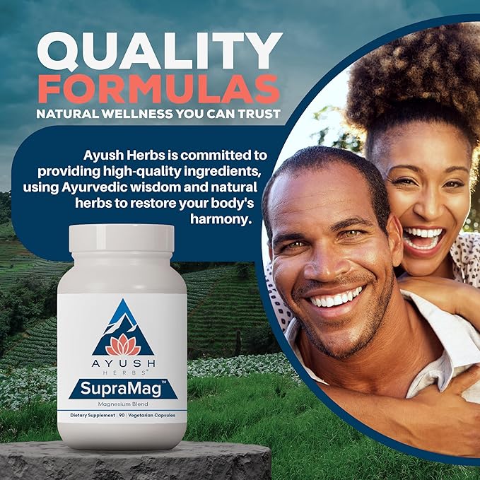 Ayush Herbs SupraMag - Magnesium Blend, 400mg Magnesium Complex Supplement with Chelated Magnesium Bisglycinate, Citrate, Ororate for Sleep, Energy, & Brain Health - 90 Vegetarian Capsules (1 Count)