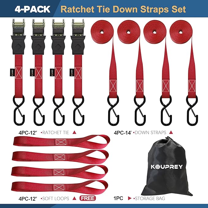 Ratchet Straps, Boat Tie Down Straps to Trailer, Motorcycle Straps, Kayak Tie Downs, 4-PK 1" x 15ft, 1800 LB Break Strength Safety Lock S Hooks & 4 Soft Loops-Secure, Rubber Coated Handle Red