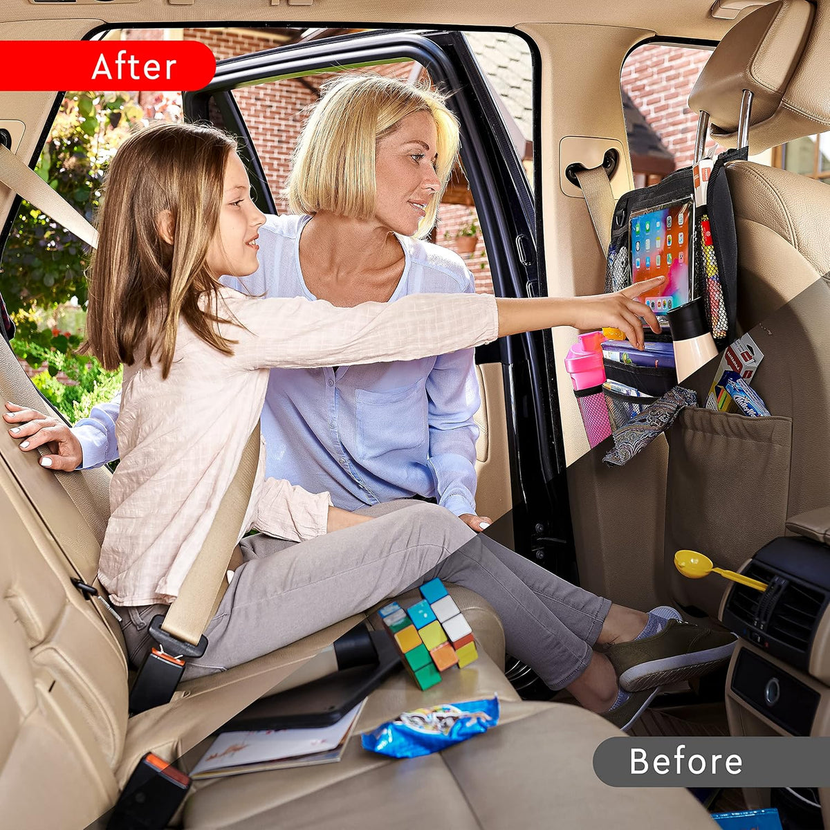 Helteko Backseat Car Organizer, Kick Mats Back Seat Protector with Touch Screen Tablet Holder, Back Seat Organizer for Kids with 9 Storage Pockets, Travel Accessories (2 Pack, Beige)