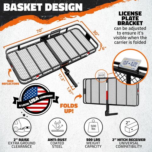 Mockins XXL Folding Trailer Hitch Cargo Carrier - 500 Lbs Capacity | All-Weather Steel Rack with Waterproof Bag & Accessories