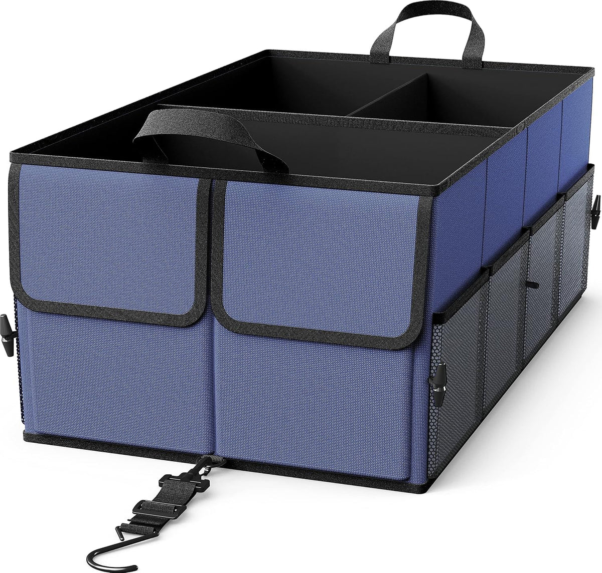 EPAuto Foldable Car Trunk Organizer for SUV, 3-Compartment, Blue | with Removable Divider, Side Pockets and Securing Straps