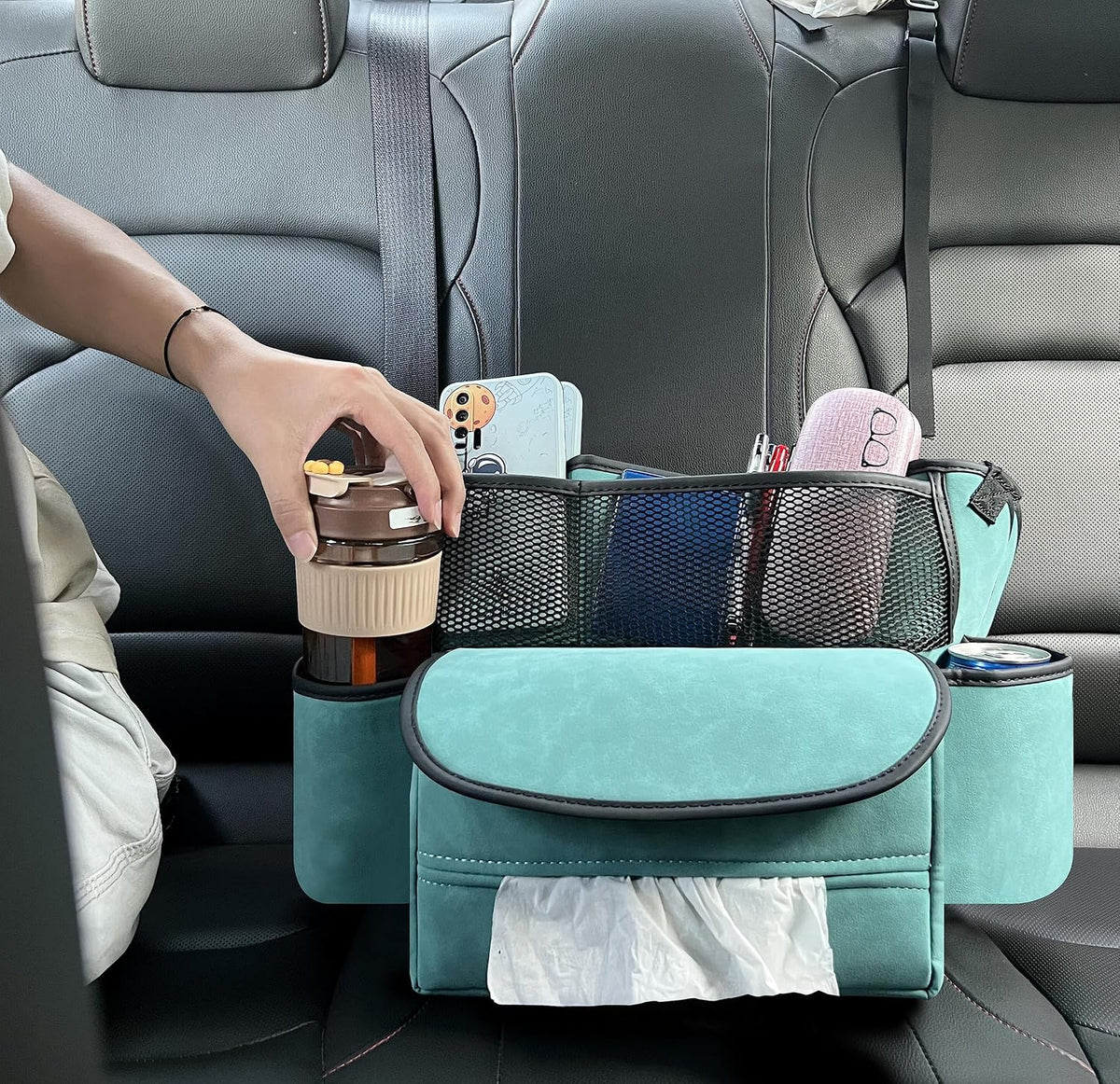 JEYODA Car Suede Seat Organizer High-capacity Seat Back Pouch Central Storage for Pickup SUVs Double-sided Tissue Storage Handbag Holder Car Accessories (Blue)