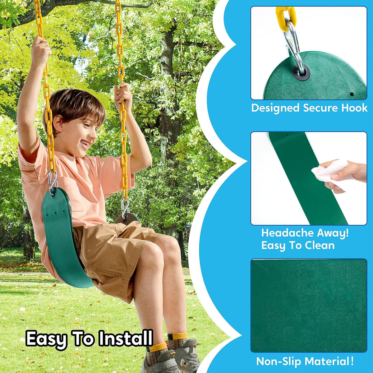 TURFEE Heavy Duty Swing Seat - Green Replacement with 66” Chain & Snap Hooks for Kids Outdoor Play