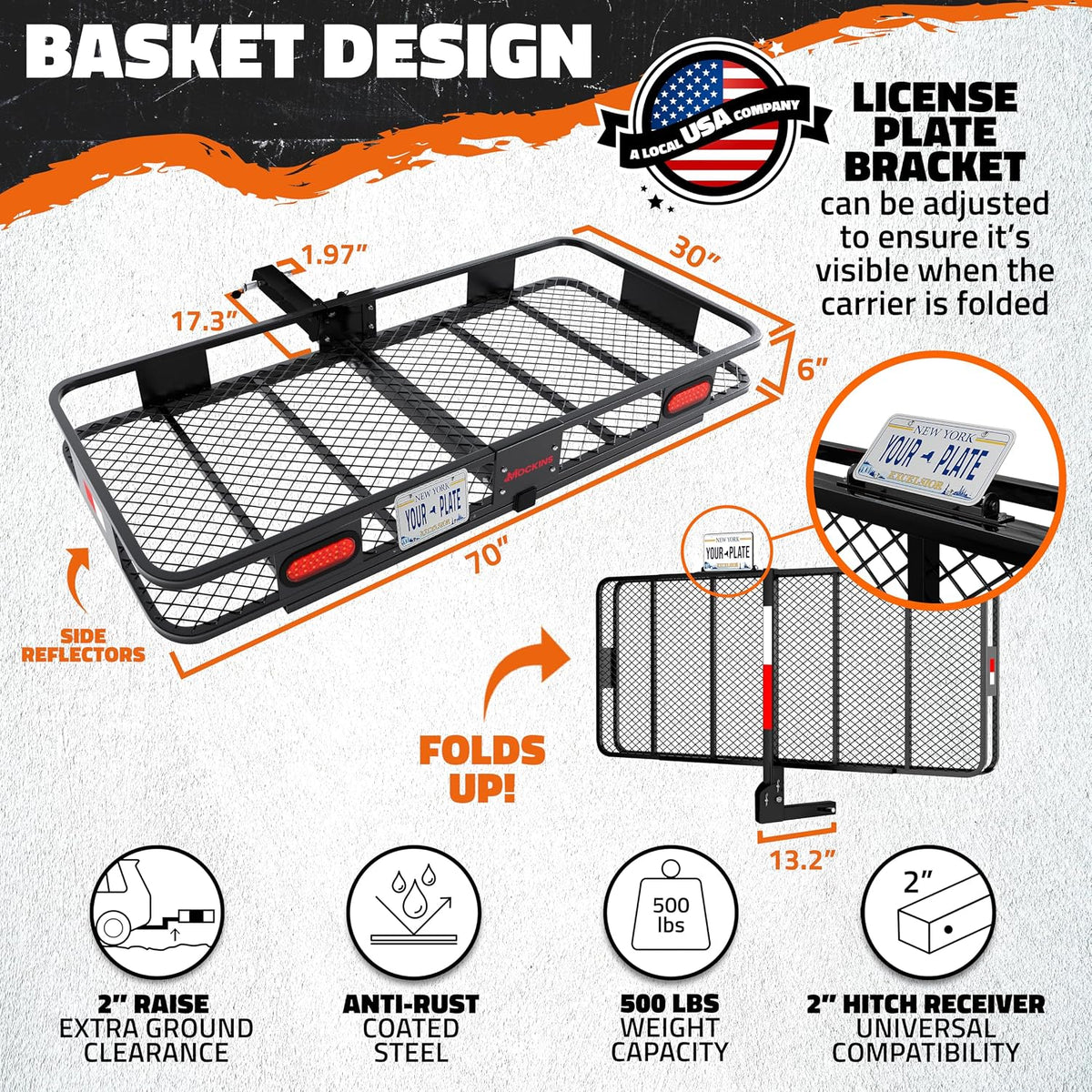 Mockins 70"x30"x6" XXL Folding Trailer Hitch Cargo Carrier w/ 500 Lbs. Cap | Luggage Rack for SUV Car Truck & RV w/ 40 CuFt Waterproof Cargo Bag for Hitch Carrier | Includes Rear Lights & Plate Bracket