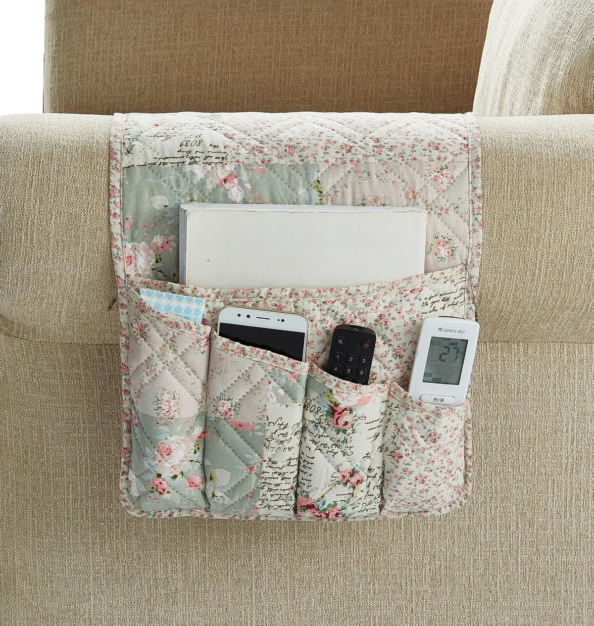 Brilliant Sunshine Pink Rose & Blue Check Couch Armrest Cover, 35"×13"