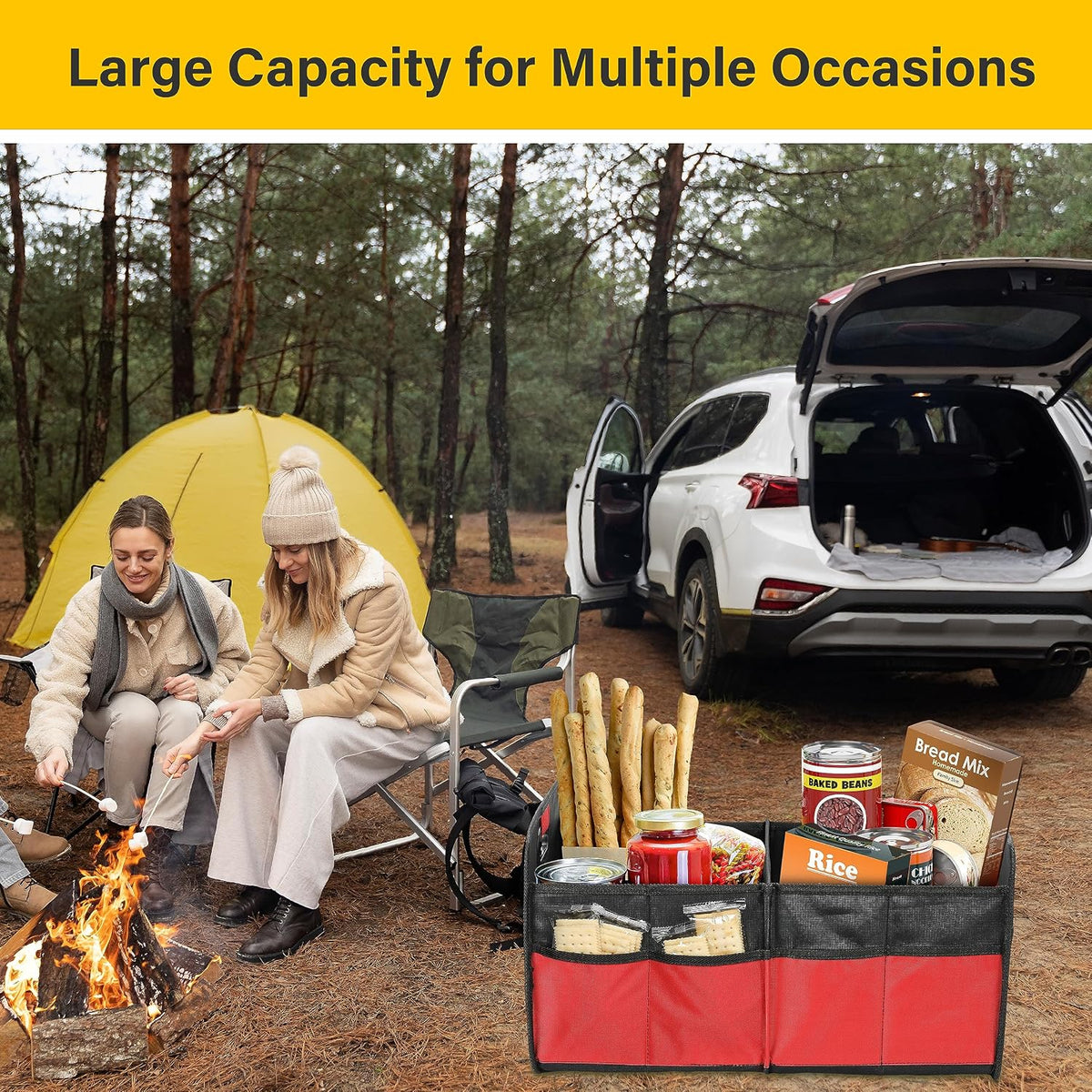 YSSOA 2 Compartments Car Trunk Organizer, 600D Waterproof Oxford Polyester Car Storage, Anti-slip 14" D x 22" W x 12" H Collapsible Trunk Storage, Suitable for SUV, Minivan, Truck, Red