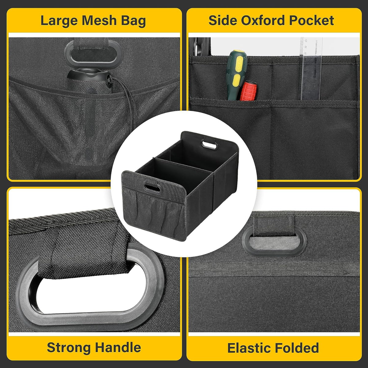 YSSOA Trunk Organizer for Car/SUV/Truck, Collapsible 2 Compartment Automotive Storage Box, 600D Waterproof Oxford Polyester 50L Travel Accessories, Anti-slip & Leak-proof, Black, 2 Pack